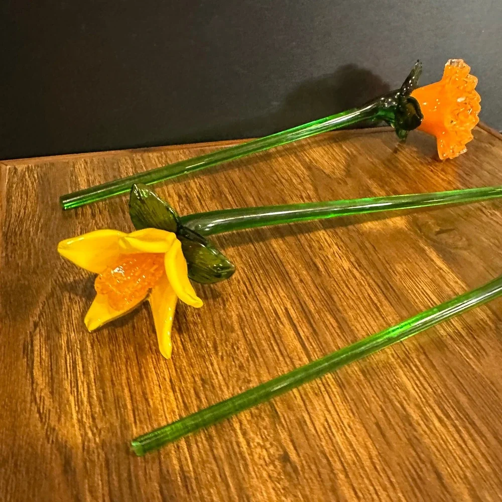 Vintage Hand Blown Art Glass Flowers Set of 3